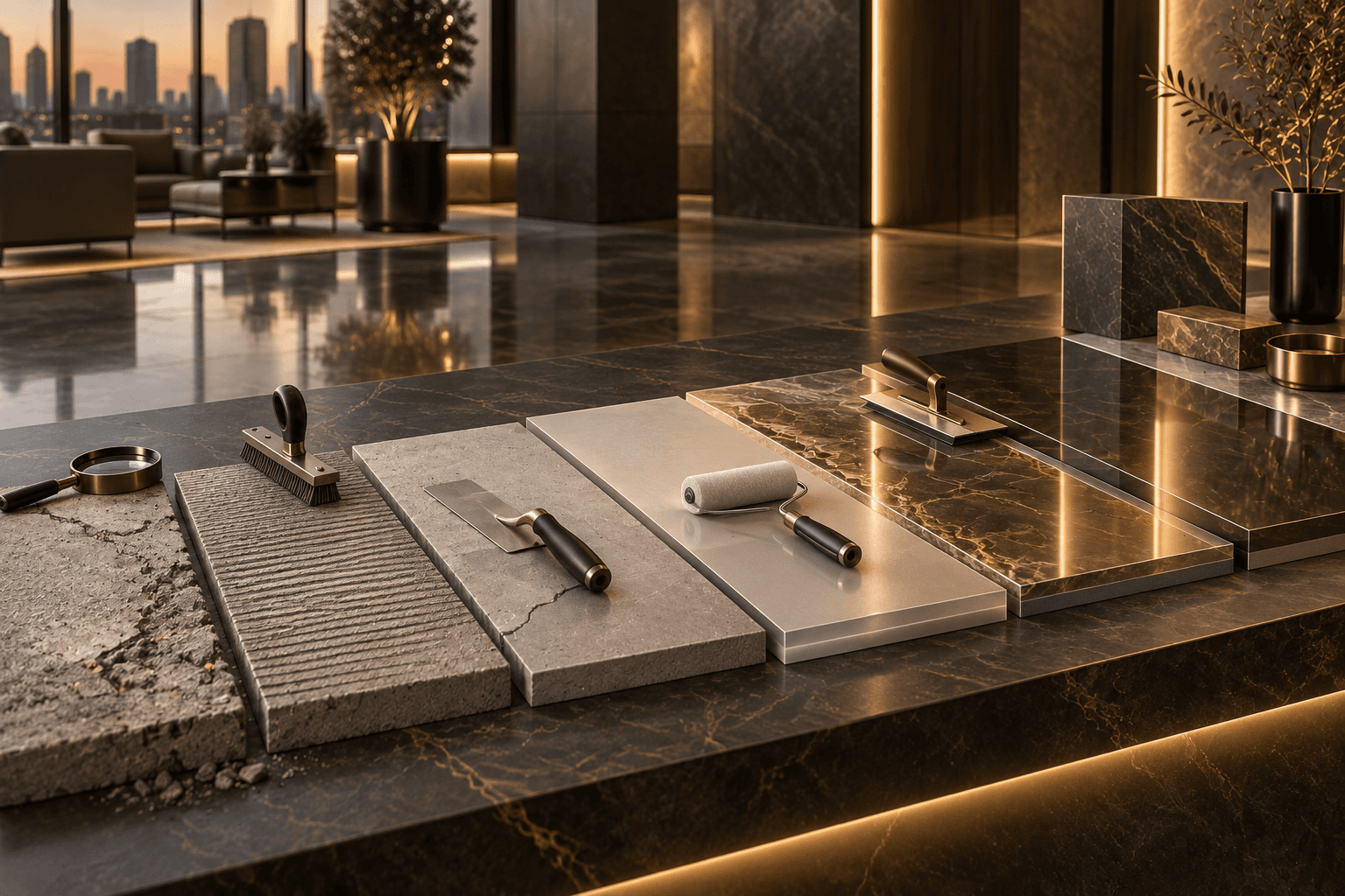 Epoxy flooring system materials showing preparation and finished surface stages