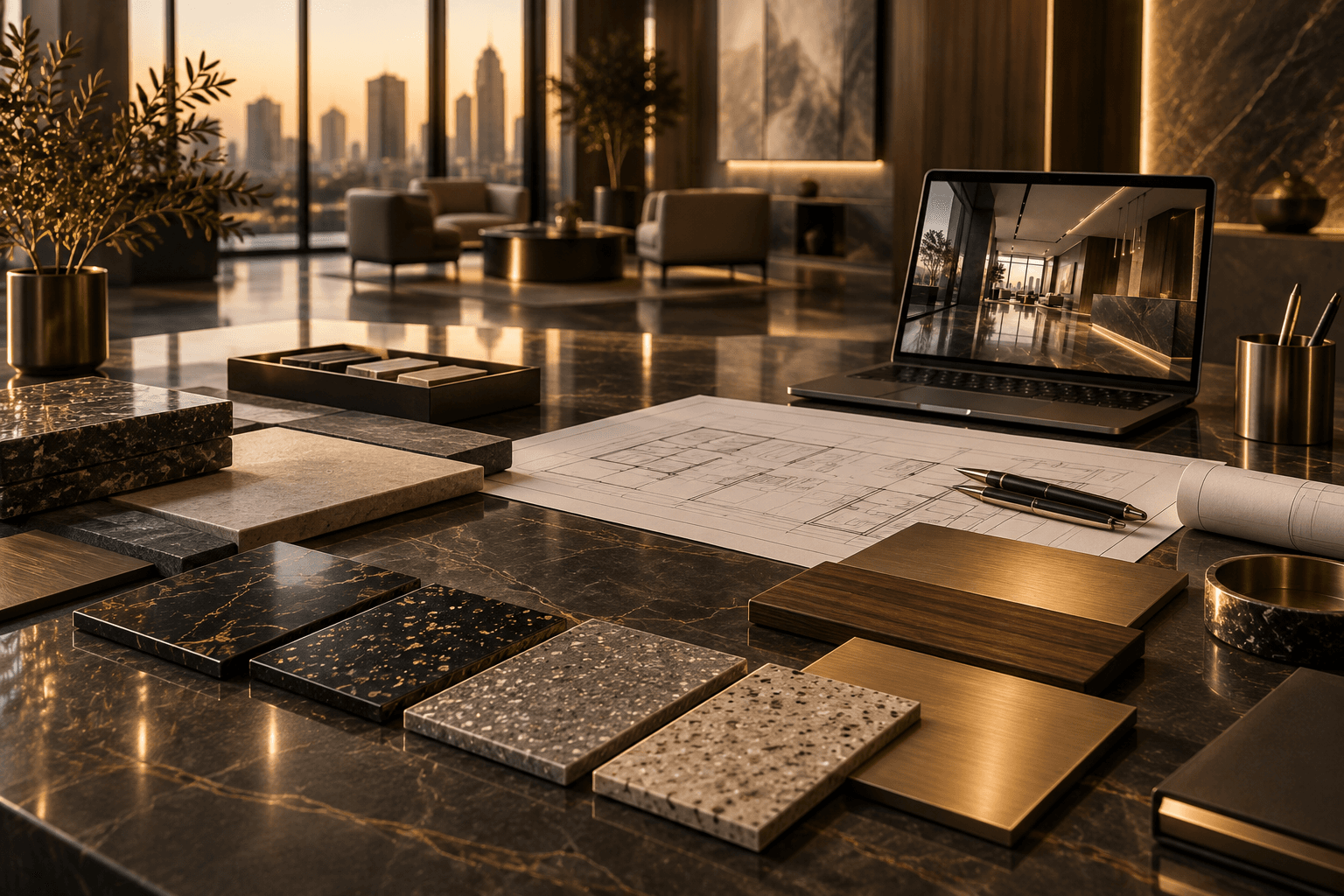 Architectural plans and flooring finish samples arranged for material selection
