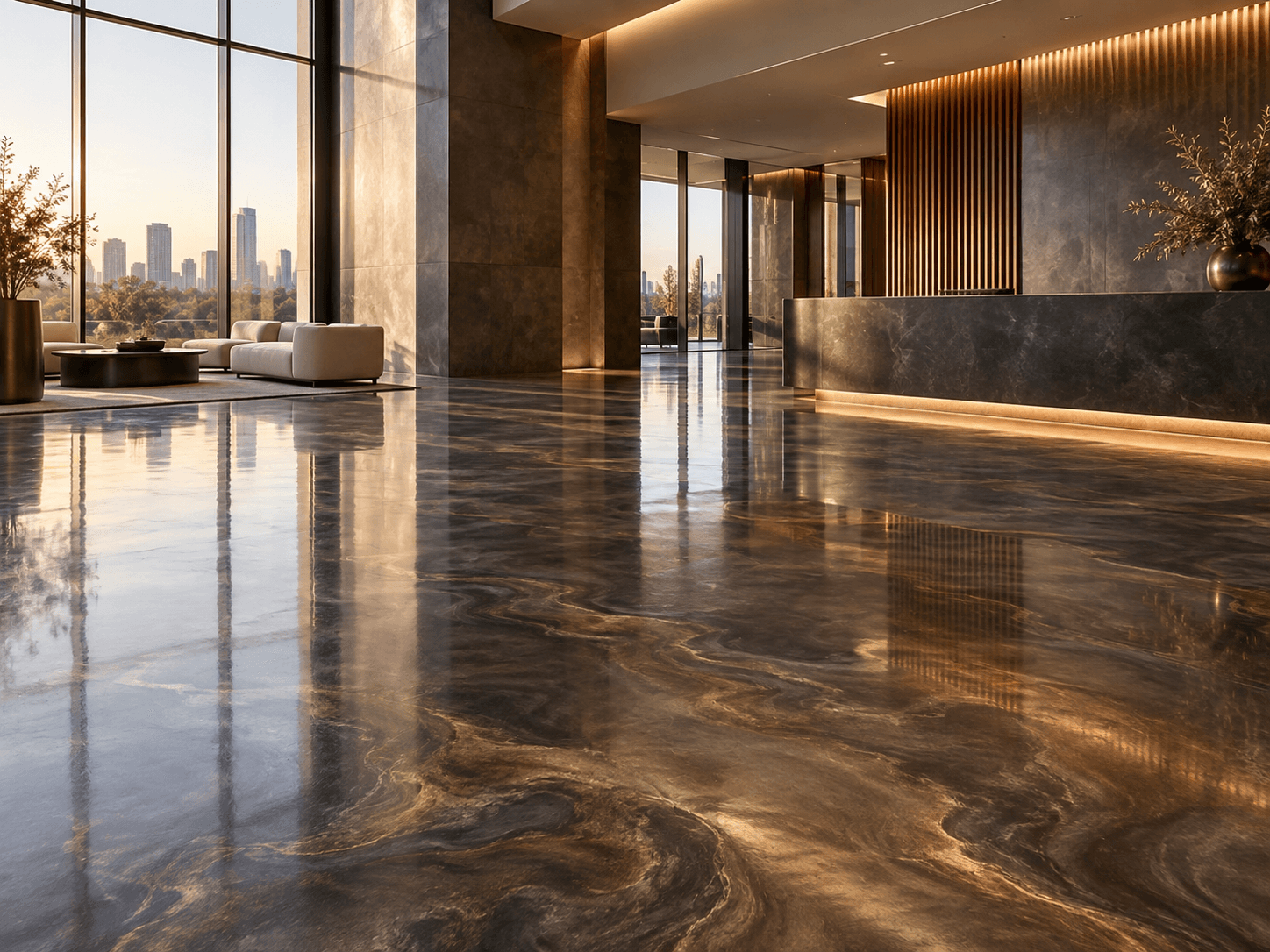 Luminous epoxy flooring in a welcoming modern lobby