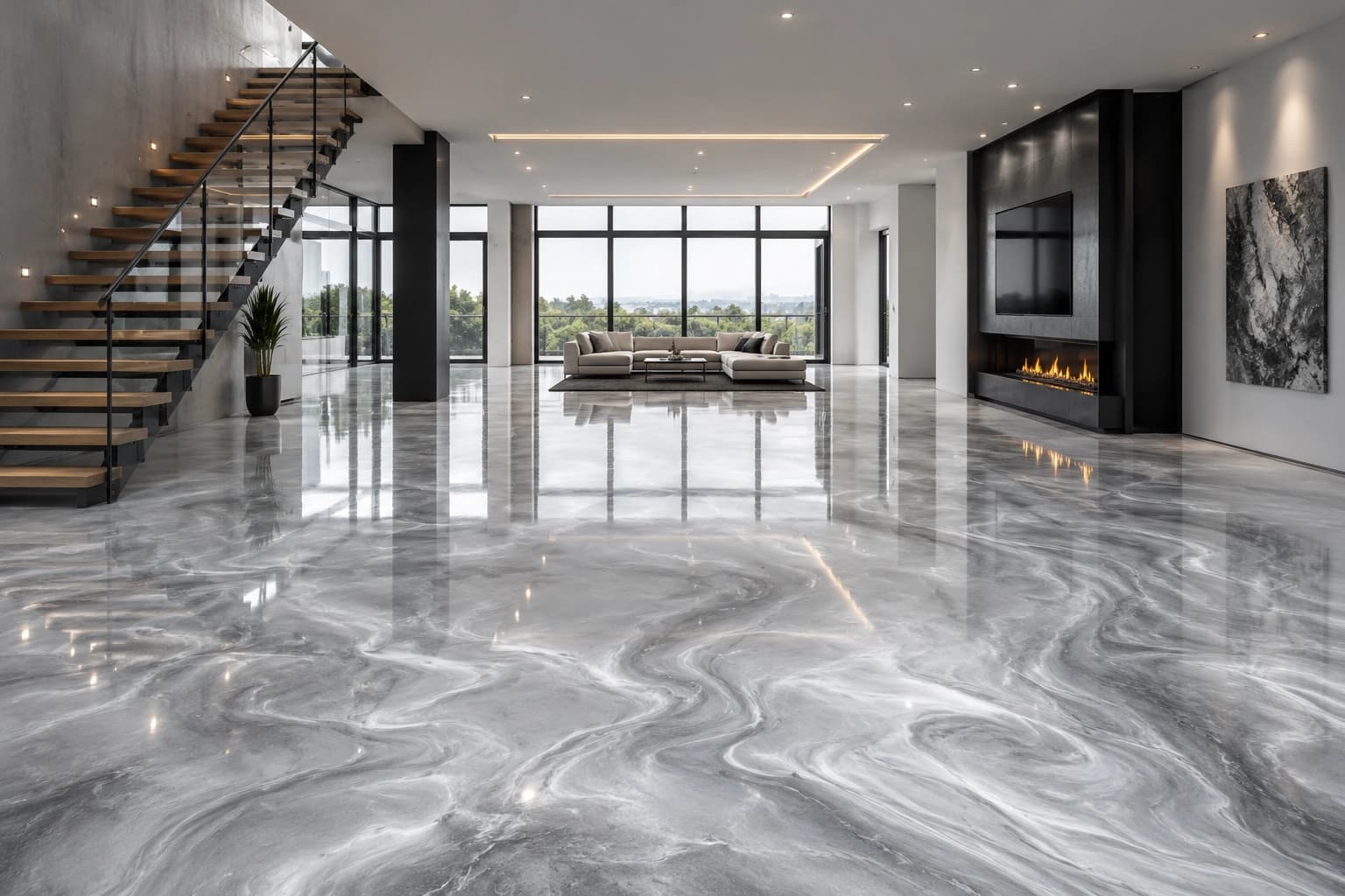 Contemporary interior with a luminous metallic epoxy floor