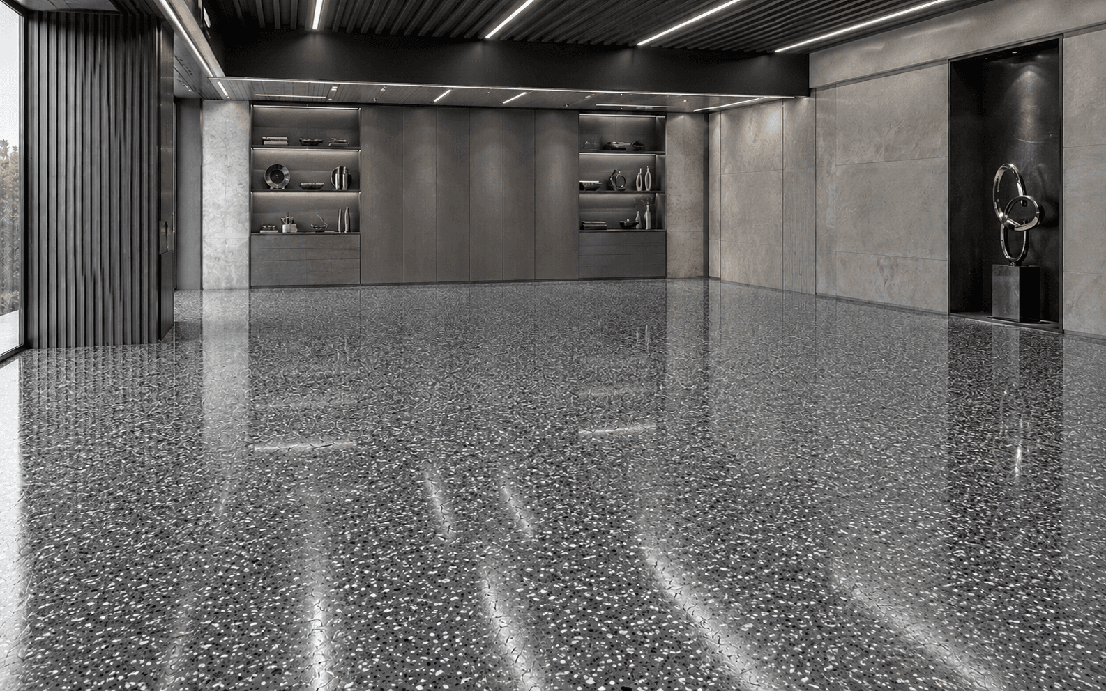 Graphite Storm decorative flake floor in an architectural showroom