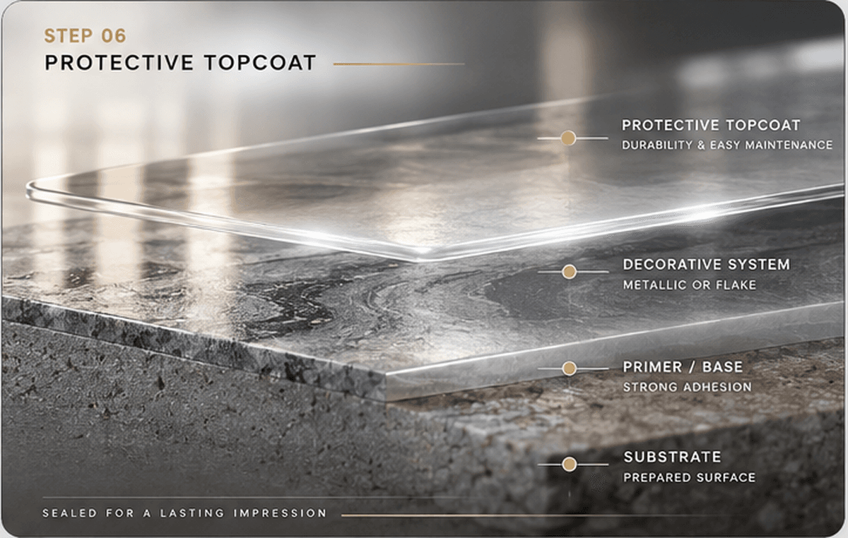 Protective topcoat study showing the complete layered flooring system