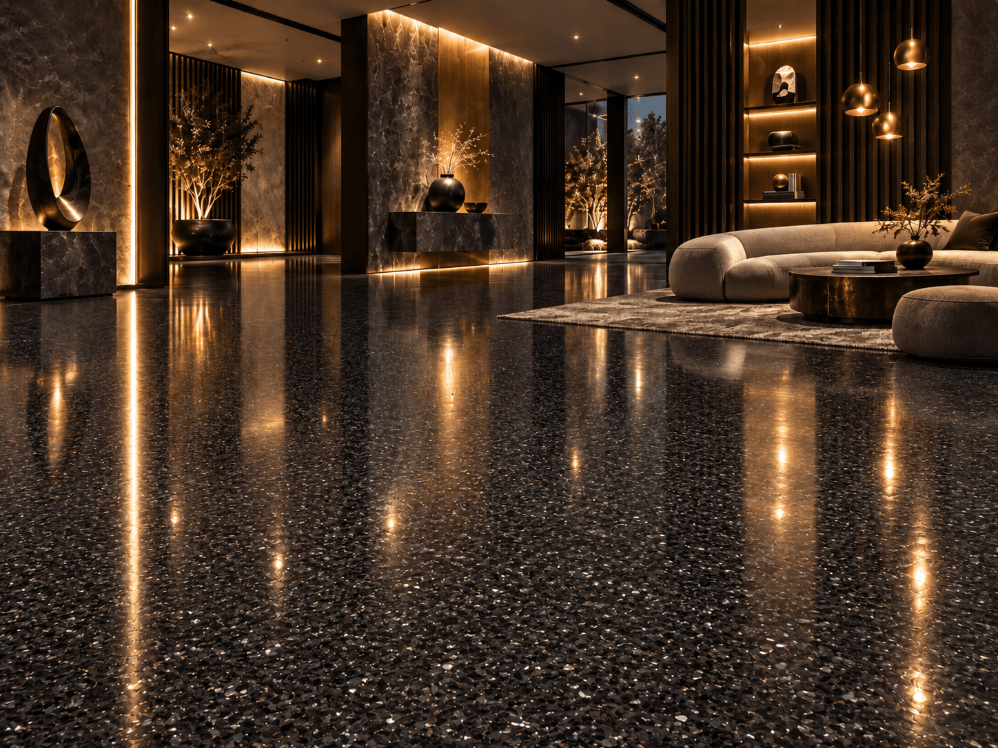 Amber-lit luxury lobby application study with Midnight Quartz flake epoxy flooring