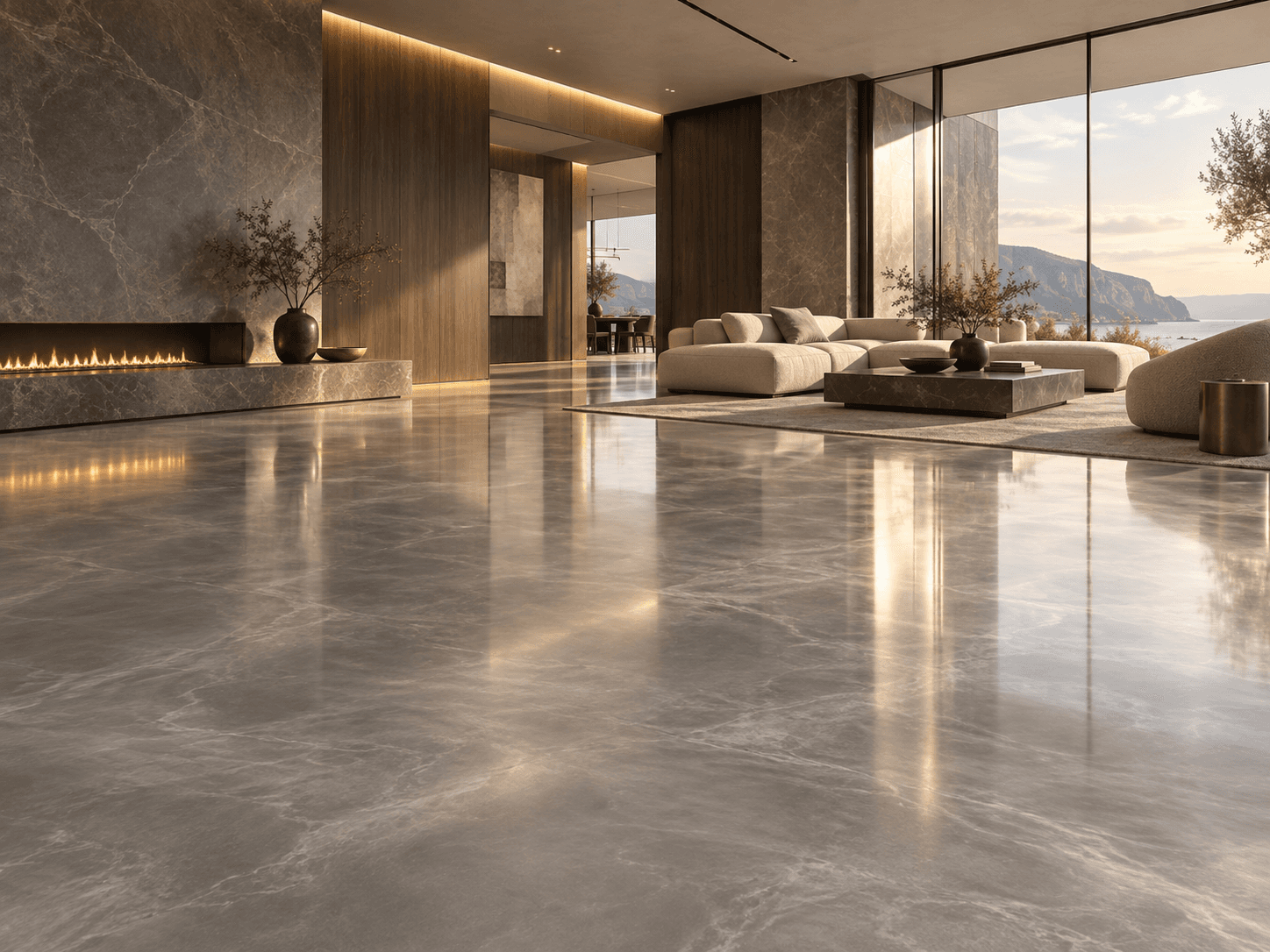 Living Room application study with Liquid Platinum metallic epoxy flooring
