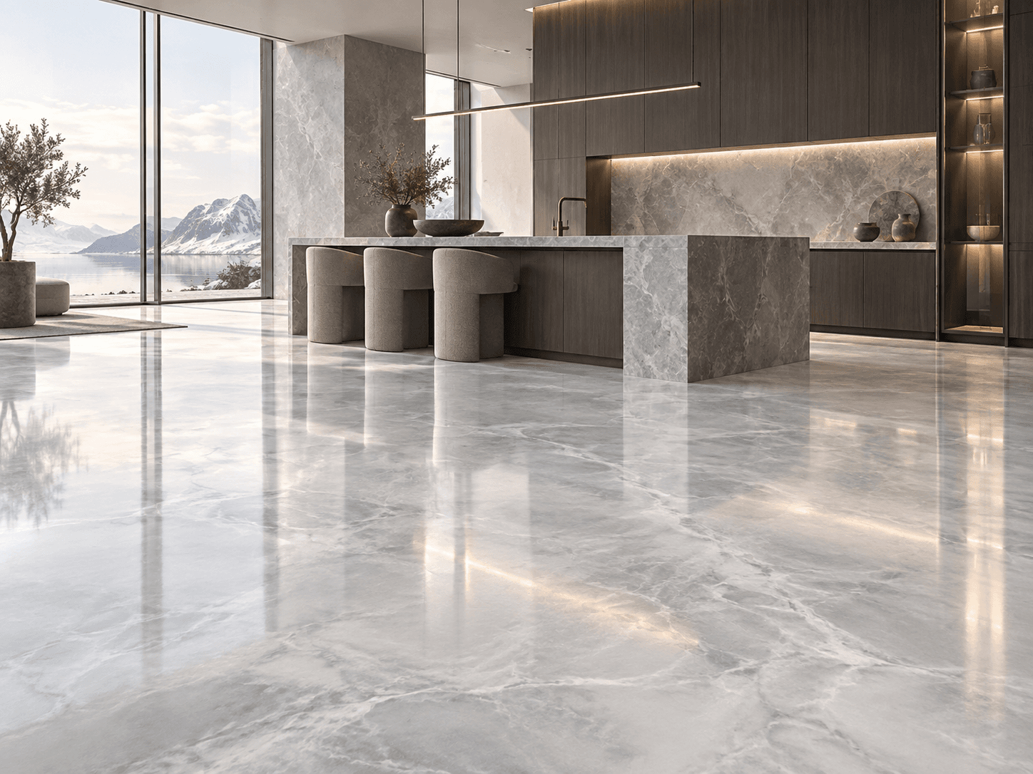 Kitchen application study with Arctic Marble metallic epoxy flooring