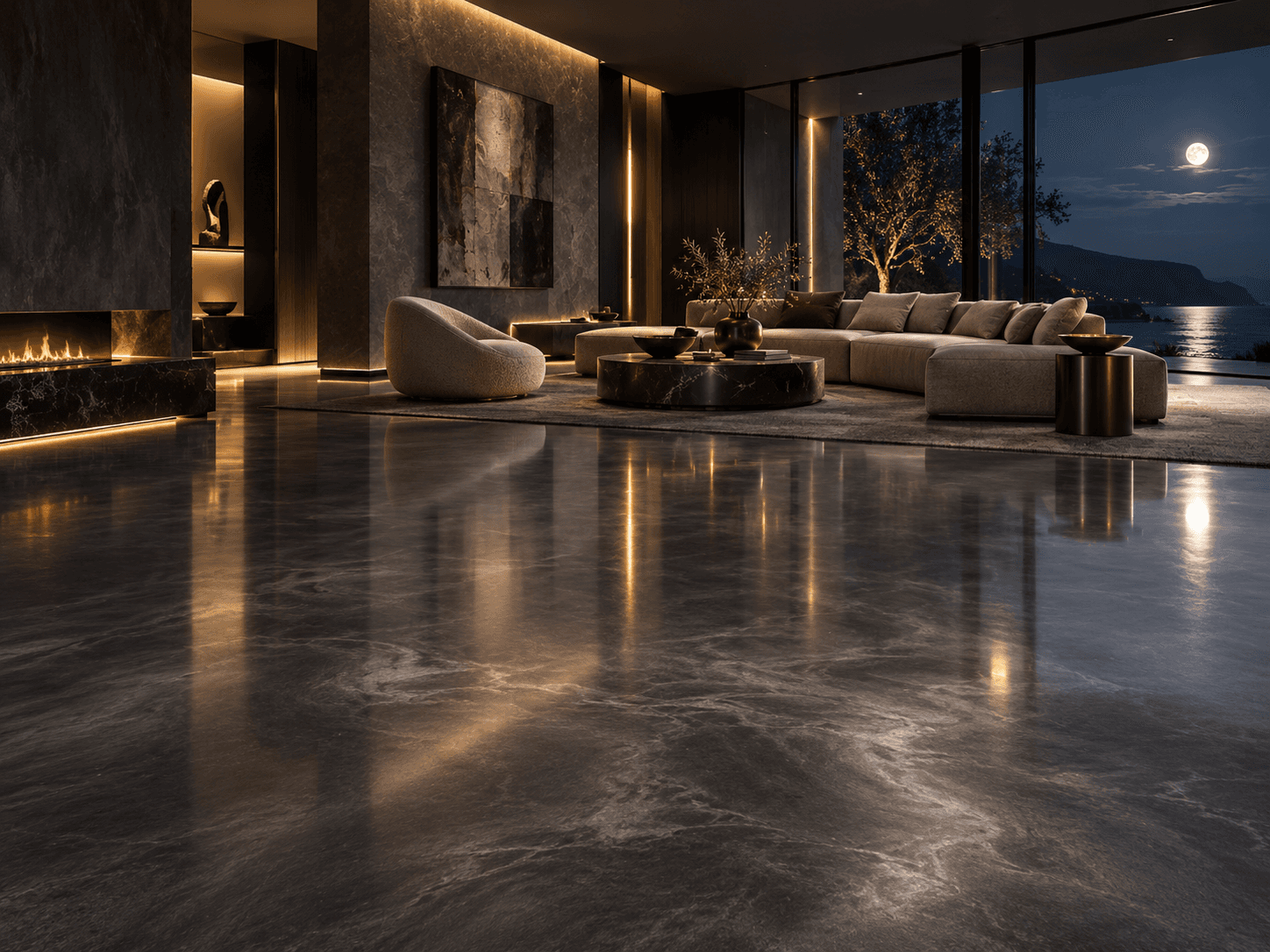 Living Room application study with Moonlit Sheen metallic epoxy flooring