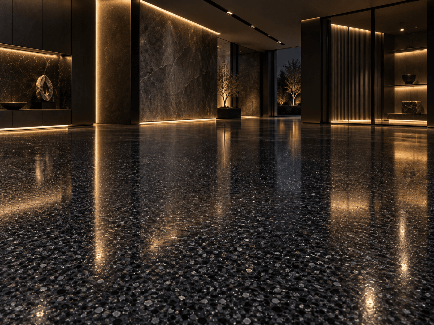 Garage / Showroom application study with Midnight Quartz flake epoxy flooring