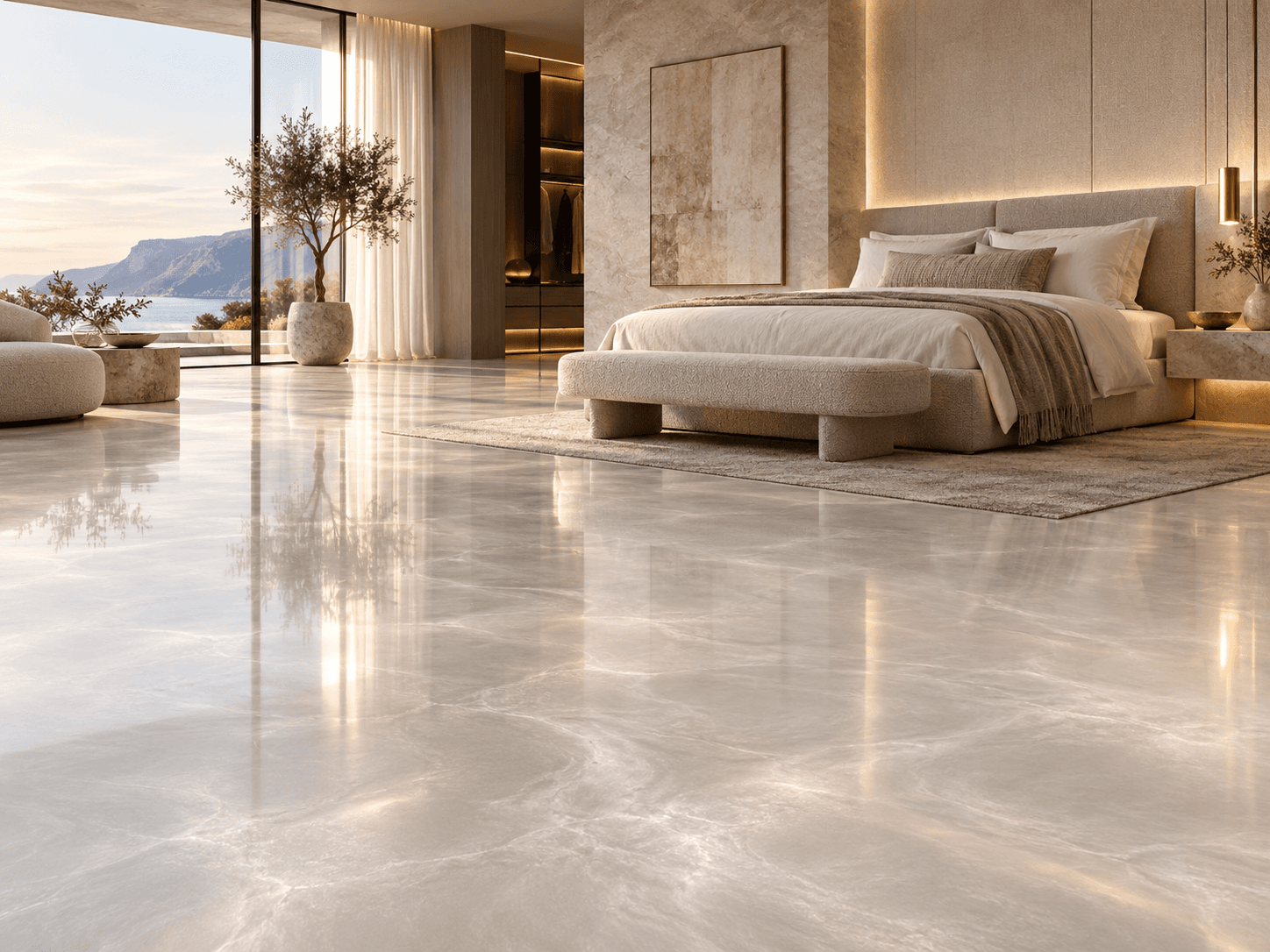 Bedroom / Suite application study with Pearl Frost metallic epoxy flooring