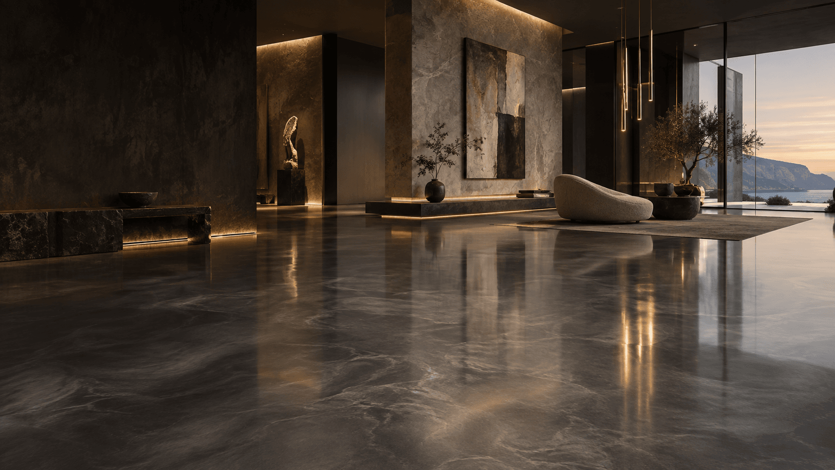 Architectural interior application study with reflective metallic epoxy flooring